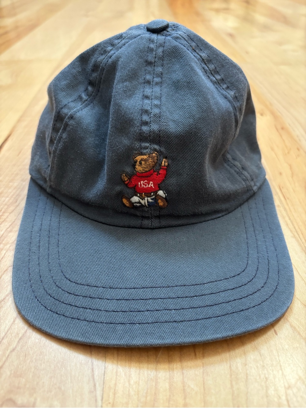 Vintage 90s RARE Polo Sport Ralph Lauren USA Sit Down Bear Navy Hat Made in USA